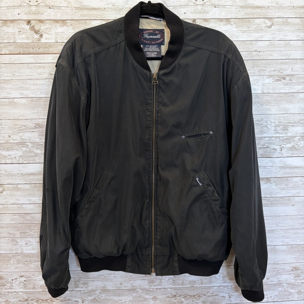 Vintage 80s Faconnable Mens M Jacket Black Bomber Water Resistant Full Zip Lined